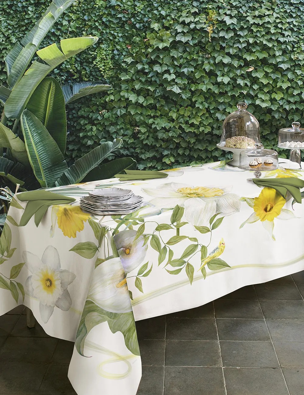 Tovaglia da tavola rettangolare 8 posti bianca stampa fiori gialli - 8  seater rectangular white tablecloth flowers printed